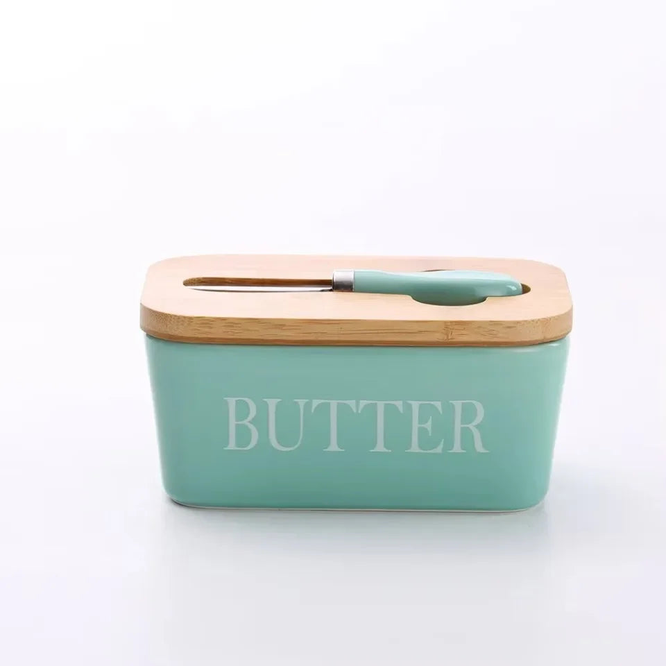 Ceramic Butter Container Box Restaurant Seal Storage Boxes Cheese Box with Knife Bamboo Lid Butters Slicer Butter Dish Tableware