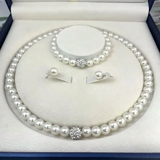 3 perla de imitación bola de fuego collar pulsera pendiente Stud conjunto de joyería Color plata piedra de cristal elegante regalo de joyería nupcial