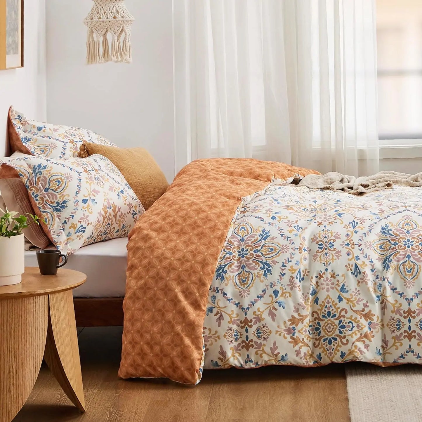 Duvet Cover Queen Size - Reversible Bohemian Orange Duvet Cover Set with Zipper Closure, Damask Patterned Bedding