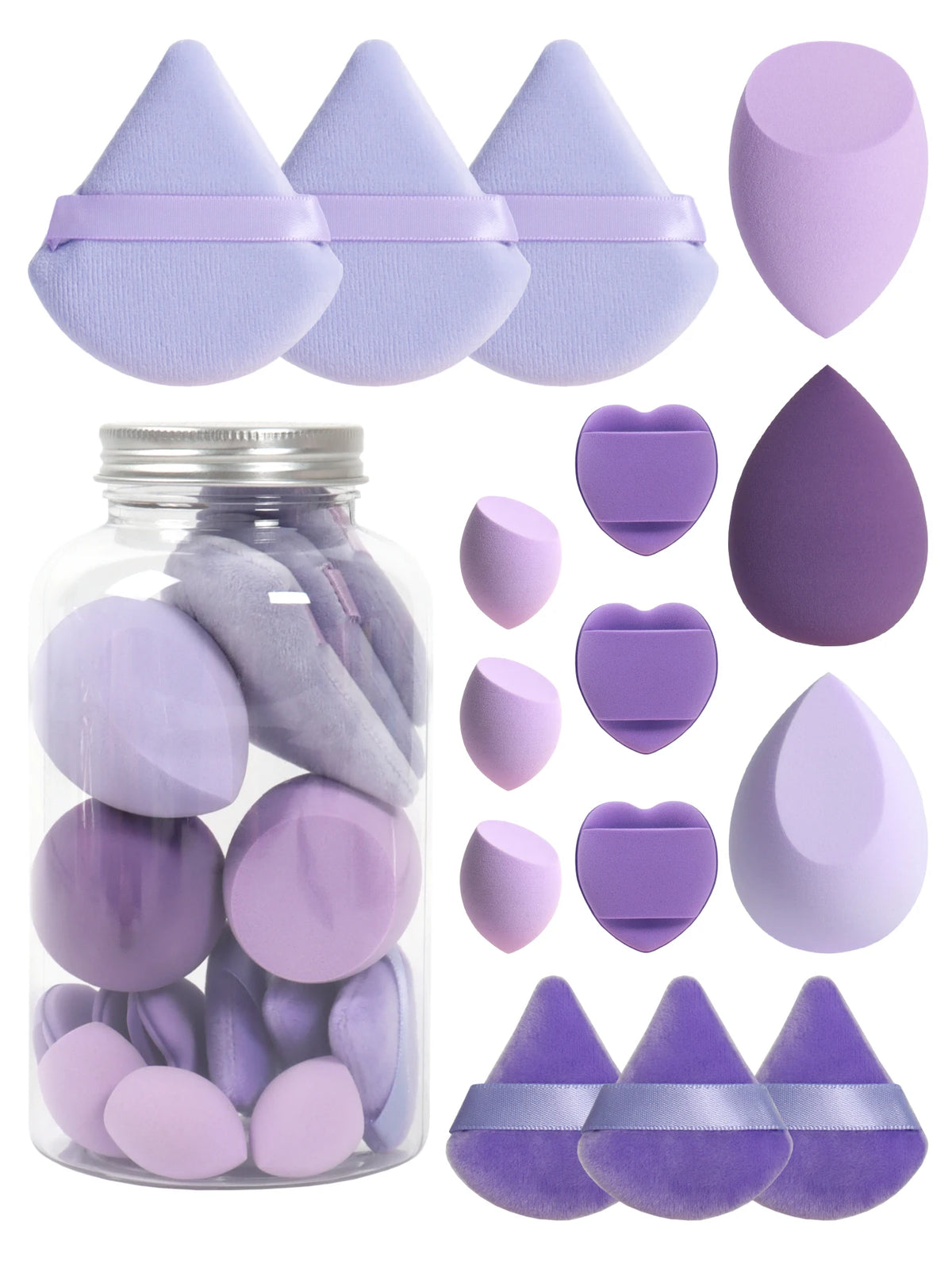 Primavera 15 latas, 3 esponjas para polvos sueltos y 3 mini esponjas para polvos sueltos y 3 mini huevos de maquillaje y 3 mini esponjas con cojín de aire, mezcla de bases