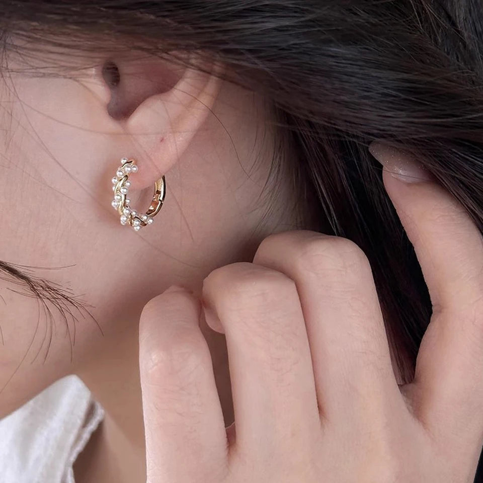 pendientes circulares de perlas de imitación francesas, aretes de aro redondos pequeños para mujer, pendientes de textura exquisita, joyería, regalo para niñas