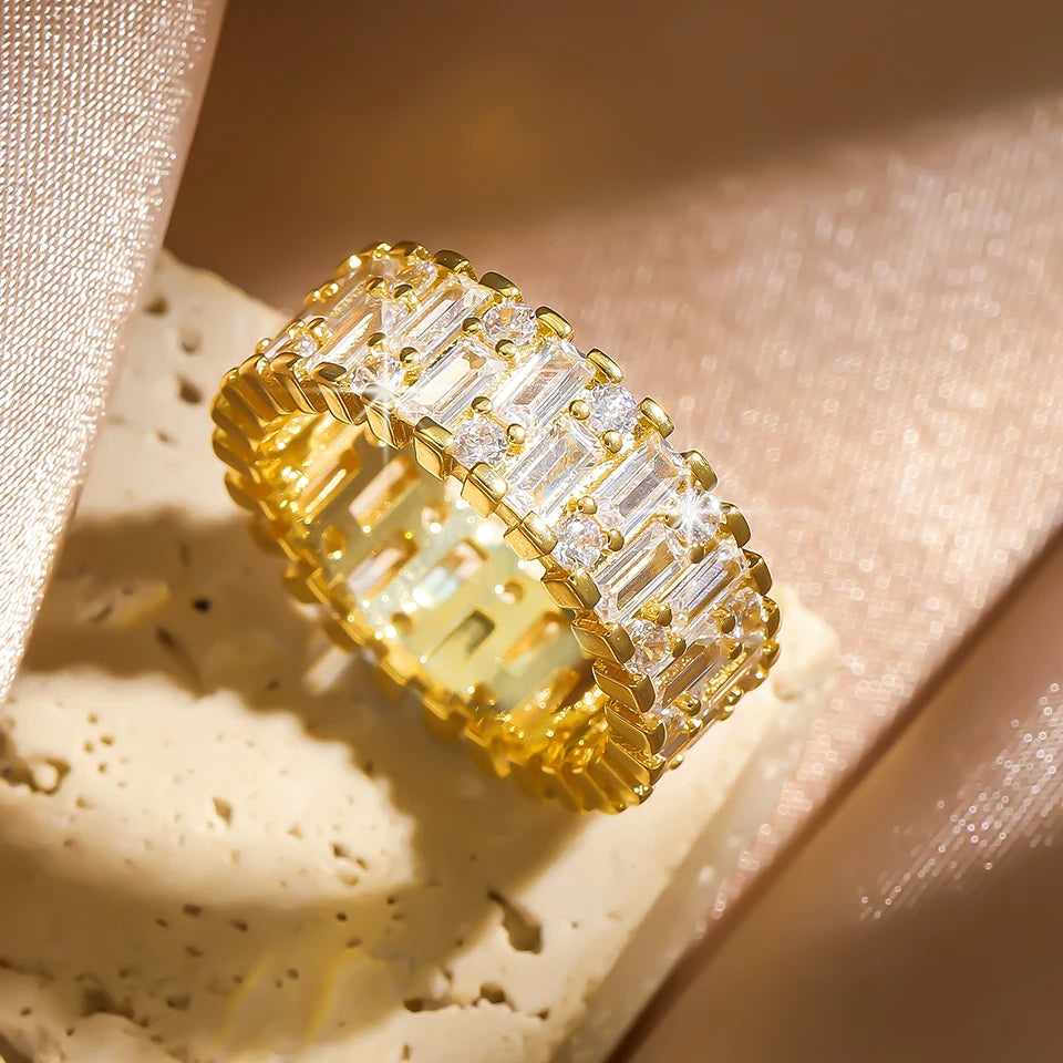 Anillos de compromiso de circonia cúbica Baguette clásicos para mujer, joyería de lujo chapada en oro de 18 quilates para fiesta y boda