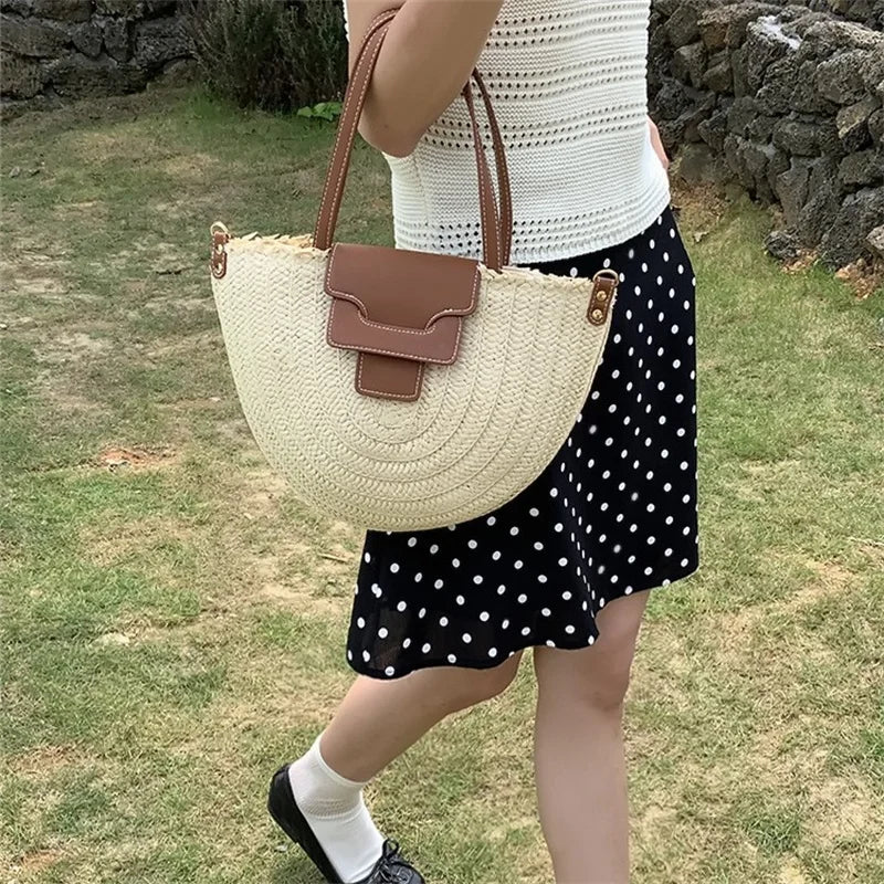 Round Straw Tote Bag Women Fashion Woven Bags Retro Hobo Boho Style Casual Shoulder Bags Summer Beach Bag Sac A Main