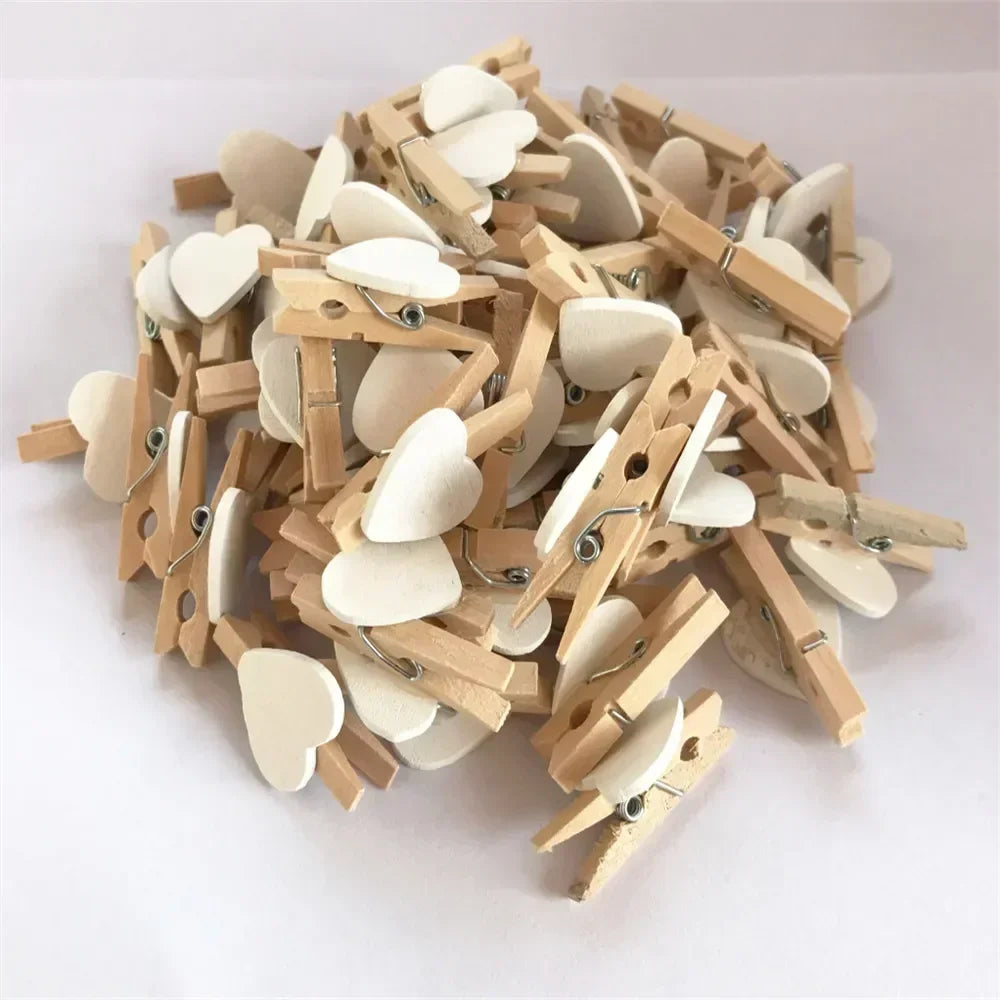 30x4mm 50pcs Wooden Colored Love Heart Photo Clip Memo Paper Peg Clothespin Stationery Valentine's Day Wedding Party Craft Decor