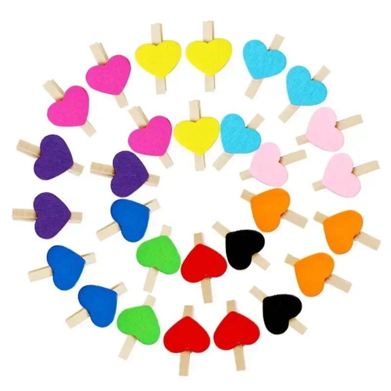 30x4mm 50pcs Wooden Colored Love Heart Photo Clip Memo Paper Peg Clothespin Stationery Valentine's Day Wedding Party Craft Decor