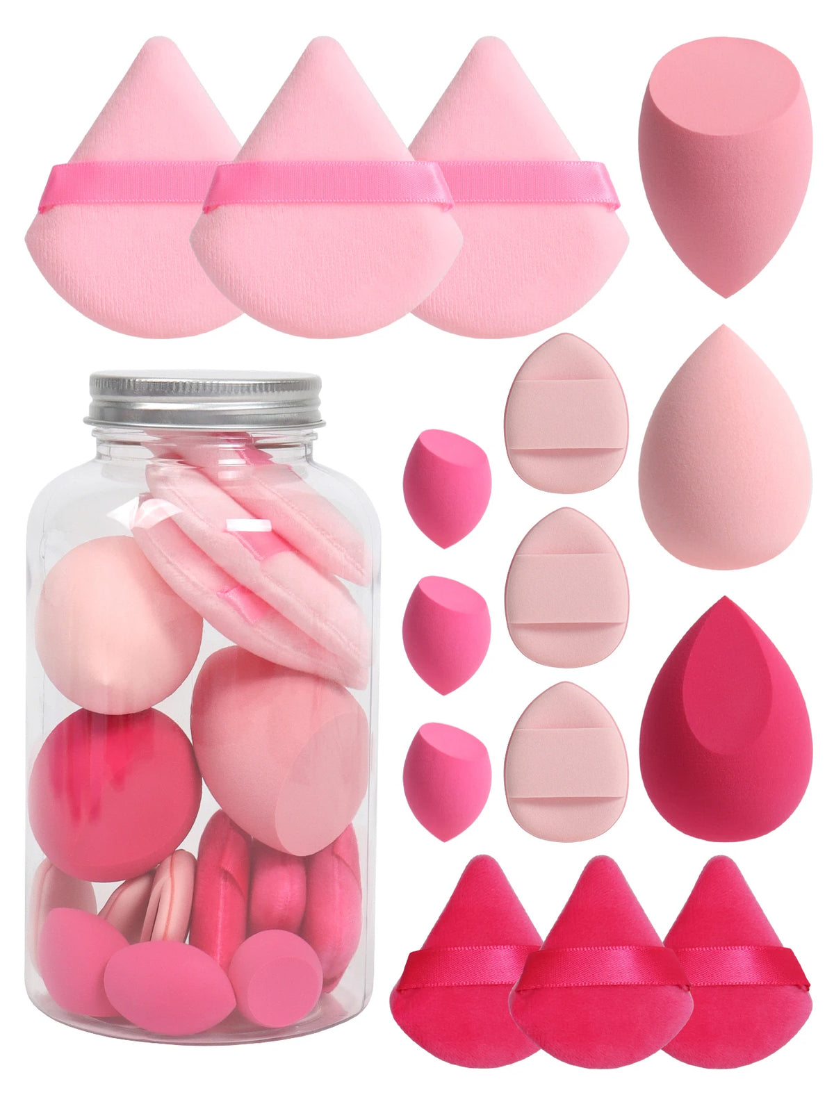 Primavera 15 latas, 3 esponjas para polvos sueltos y 3 mini esponjas para polvos sueltos y 3 mini huevos de maquillaje y 3 mini esponjas con cojín de aire, mezcla de bases