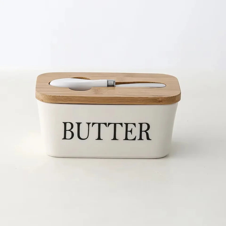 Ceramic Butter Container Box Restaurant Seal Storage Boxes Cheese Box with Knife Bamboo Lid Butters Slicer Butter Dish Tableware