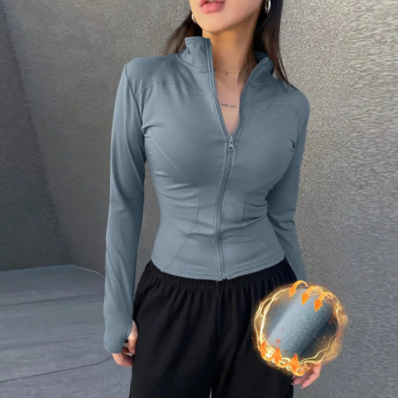 Chaqueta de manga larga para deportes al aire libre para mujer, ropa de Yoga delgada, cárdigan de secado rápido con cremallera, cuello alto, chaqueta para correr, Fitness, Top