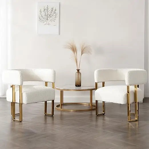 Accent Chairs Set of 2, with Golden Metal Legs Soft Velve for Bedroom Reception Room Lounge Office, Ivory, Living Room Chairs