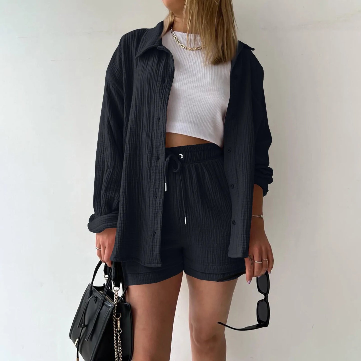 Summer Cotton Linen High Waist Shirt Shorts Women Turn Down Collar Long Sleeve Tops and Shorts Suit Cotton Casual Two Piece Sets