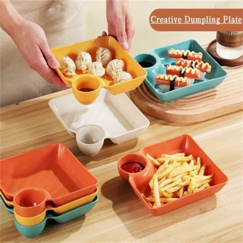 Chips and Dip Plates, Plastic Serving Platter Dumpling Plate with Dipping Saucer, Divided Snack Serving Dishes for Appetizer