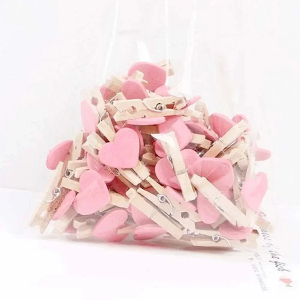 30x4mm 50pcs Wooden Colored Love Heart Photo Clip Memo Paper Peg Clothespin Stationery Valentine's Day Wedding Party Craft Decor