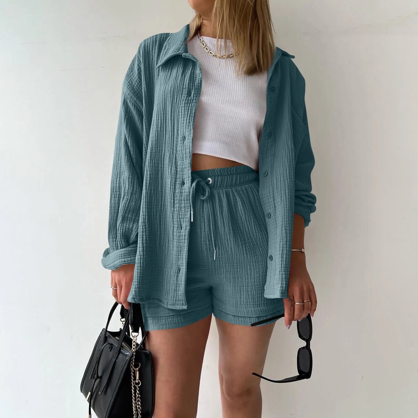 Summer Cotton Linen High Waist Shirt Shorts Women Turn Down Collar Long Sleeve Tops and Shorts Suit Cotton Casual Two Piece Sets