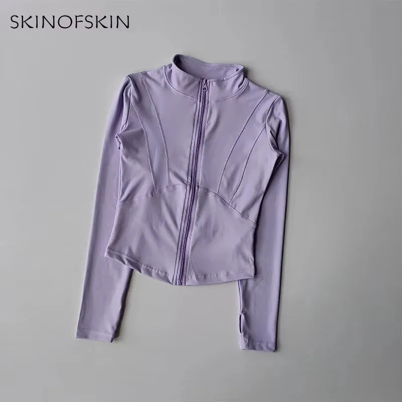 Chaqueta de manga larga para deportes al aire libre para mujer, ropa de Yoga delgada, cárdigan de secado rápido con cremallera, cuello alto, chaqueta para correr, Fitness, Top