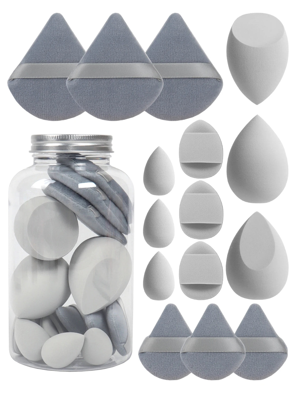 Primavera 15 latas, 3 esponjas para polvos sueltos y 3 mini esponjas para polvos sueltos y 3 mini huevos de maquillaje y 3 mini esponjas con cojín de aire, mezcla de bases