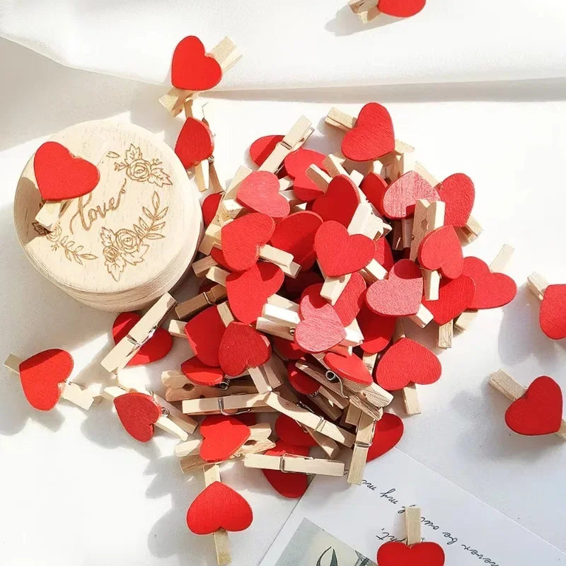 30x4mm 50pcs Wooden Colored Love Heart Photo Clip Memo Paper Peg Clothespin Stationery Valentine's Day Wedding Party Craft Decor