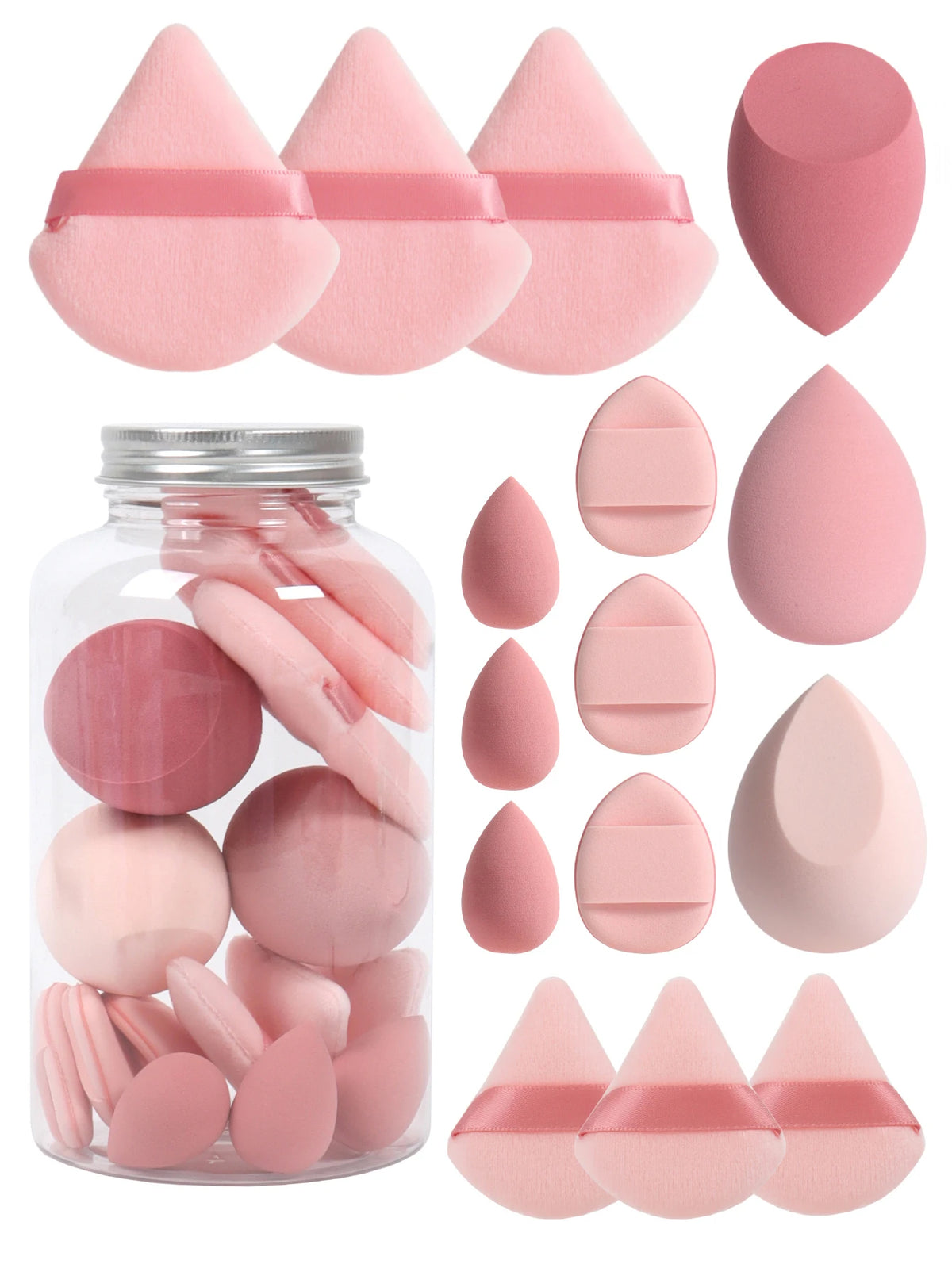 Primavera 15 latas, 3 esponjas para polvos sueltos y 3 mini esponjas para polvos sueltos y 3 mini huevos de maquillaje y 3 mini esponjas con cojín de aire, mezcla de bases