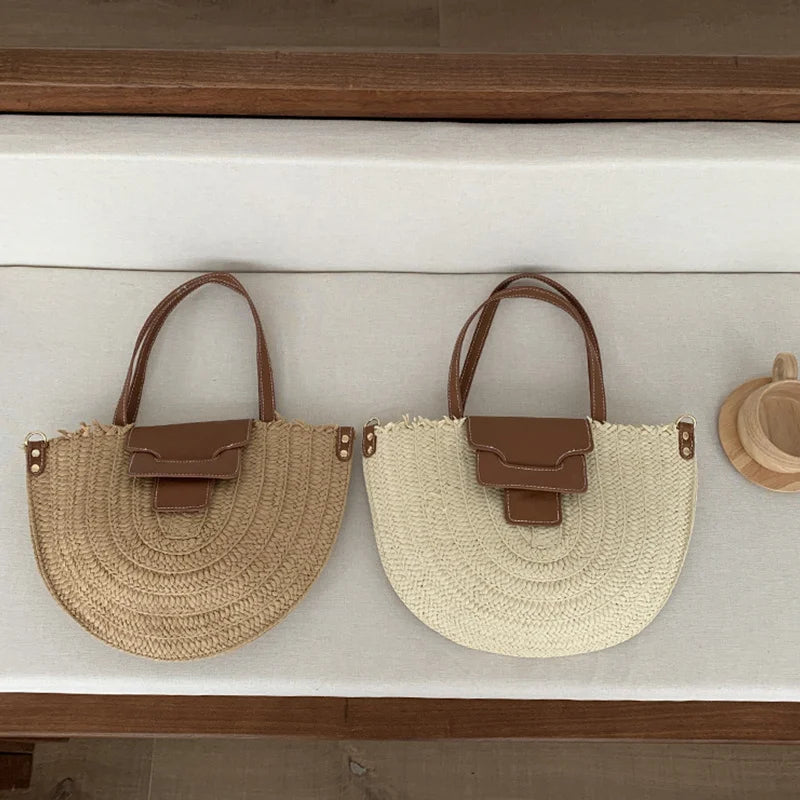 Round Straw Tote Bag Women Fashion Woven Bags Retro Hobo Boho Style Casual Shoulder Bags Summer Beach Bag Sac A Main