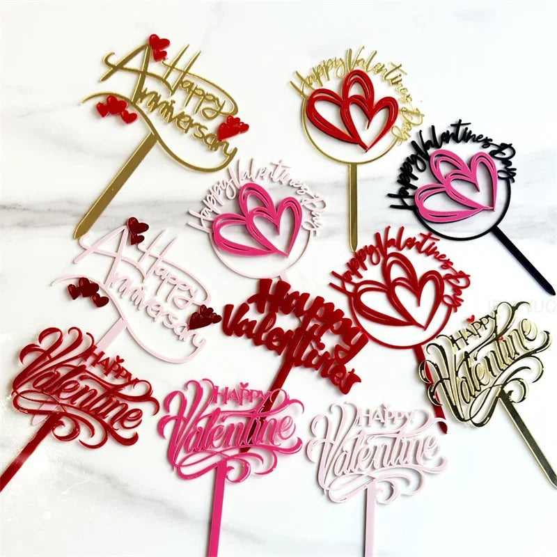 10PCS Acrylic Cake Topper Happy Valentine's Day Cupcake Topper for Wedding Party Cake Decorations Love Heart Dessert Decoration