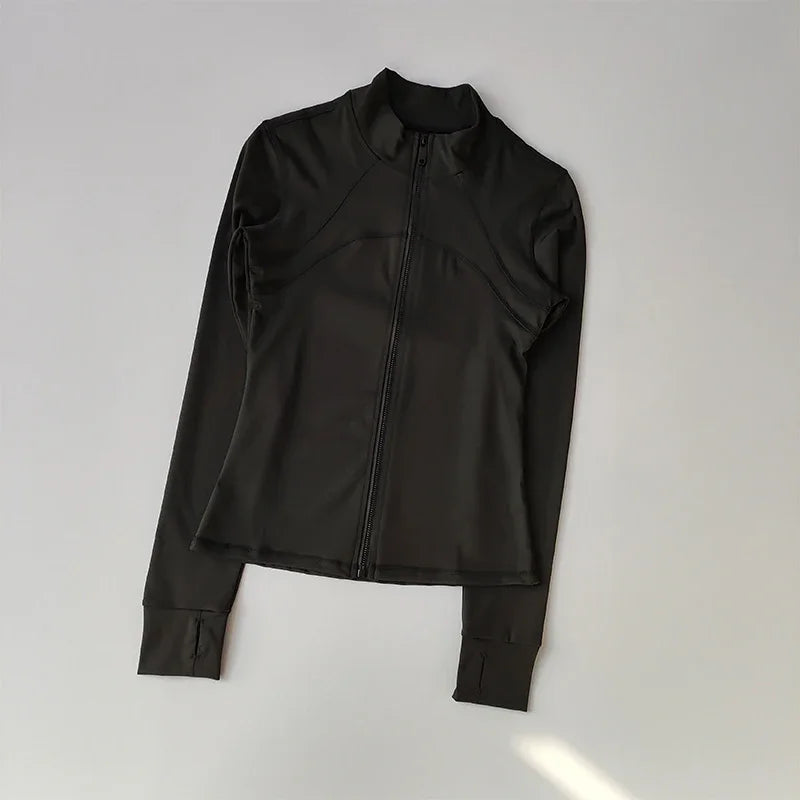 Chaqueta de manga larga para deportes al aire libre para mujer, ropa de Yoga delgada, cárdigan de secado rápido con cremallera, cuello alto, chaqueta para correr, Fitness, Top