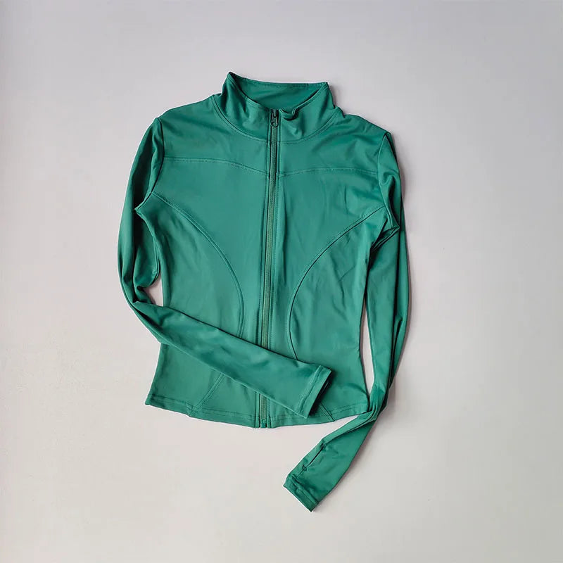 Chaqueta de manga larga para deportes al aire libre para mujer, ropa de Yoga delgada, cárdigan de secado rápido con cremallera, cuello alto, chaqueta para correr, Fitness, Top