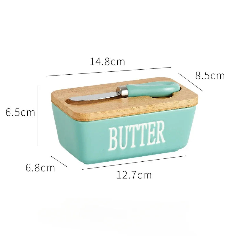 Ceramic Butter Container Box Restaurant Seal Storage Boxes Cheese Box with Knife Bamboo Lid Butters Slicer Butter Dish Tableware