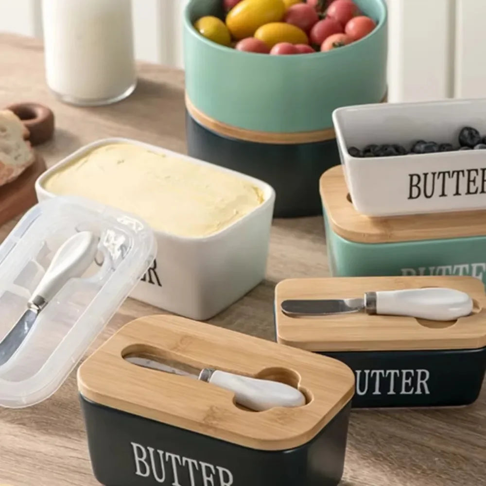 Ceramic Butter Container Box Restaurant Seal Storage Boxes Cheese Box with Knife Bamboo Lid Butters Slicer Butter Dish Tableware