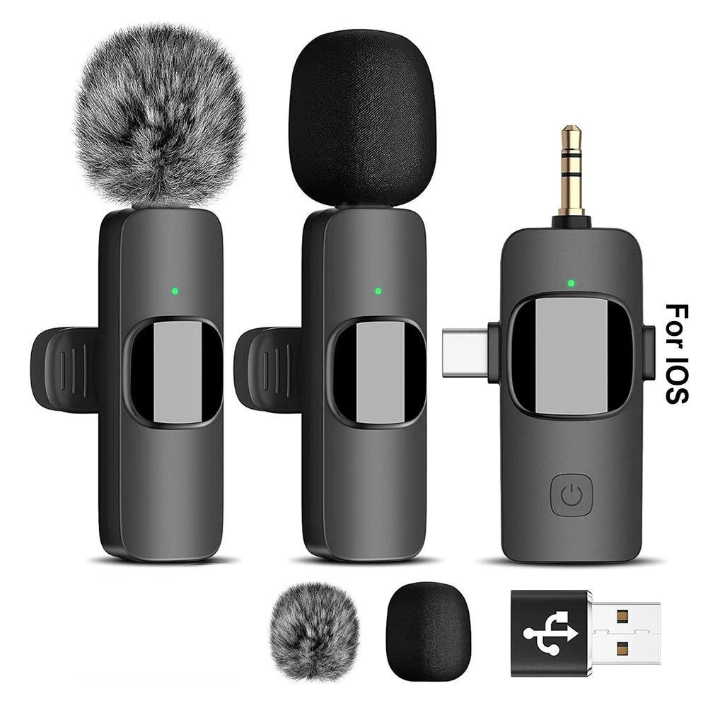 2.4G Wireless Lavalier Microphone Audio Video Recording Mini Lapel Mic Noise Reduction 3 in 1 for iPhone Huawei Xiaomi Samsung