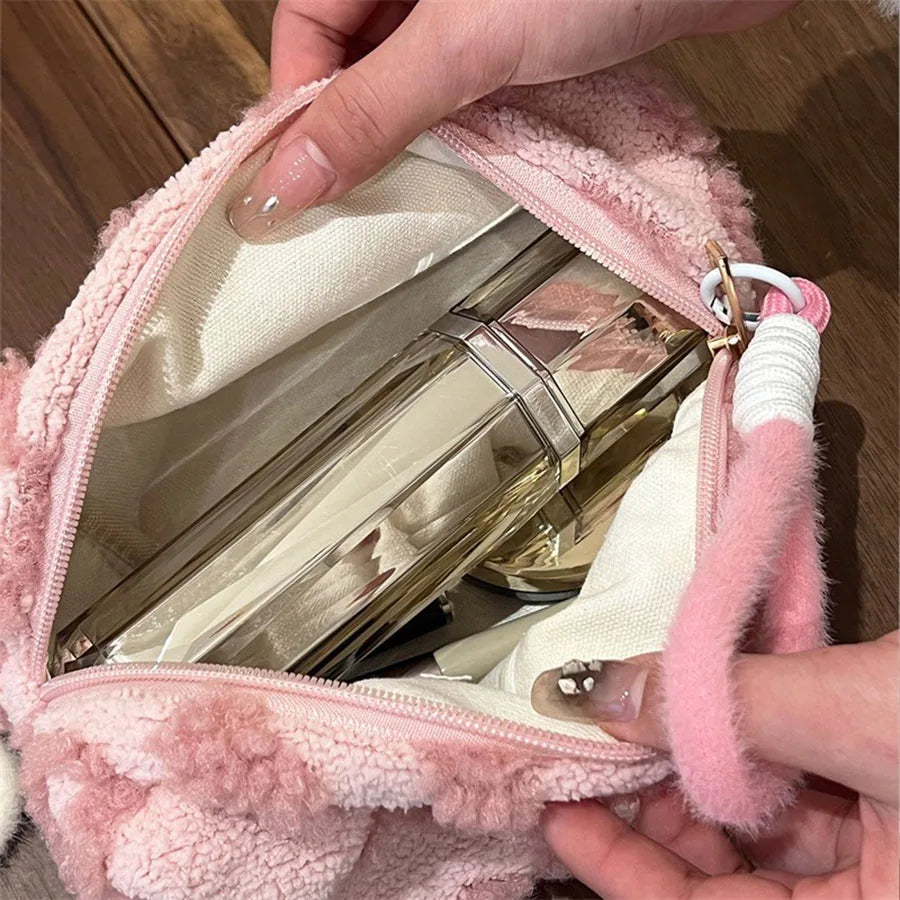 Bolsas de maquillaje de felpa con asa, bolsa de almacenamiento de cosméticos de viaje suave, organizador portátil con estampado romántico, estuche para lápices, bonita bolsa de mano