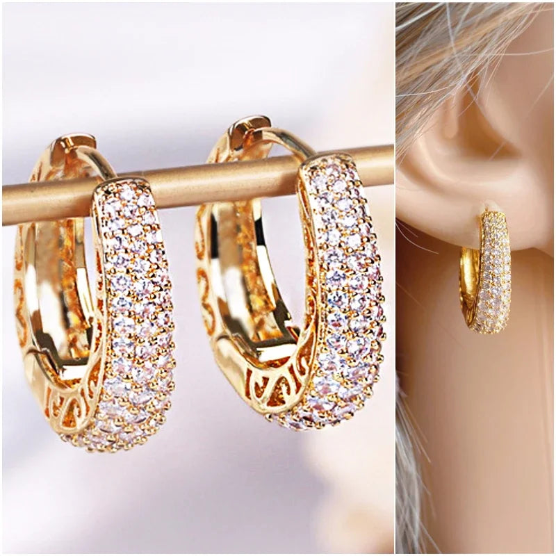 Pendientes de aro huecos de Color dorado para mujer, aretes circulares de lujo con piedra CZ deslumbrante pavimentada, joyería llamativa