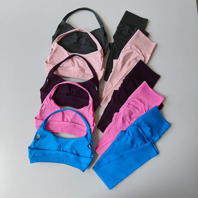 Traje de Yoga sin costuras para mujer, Sujetador deportivo con espalda de belleza, lencería, glúteos de melocotón, mallas de cintura alta para Fitness, traje de Yoga para gimnasio, conjunto de Pilates
