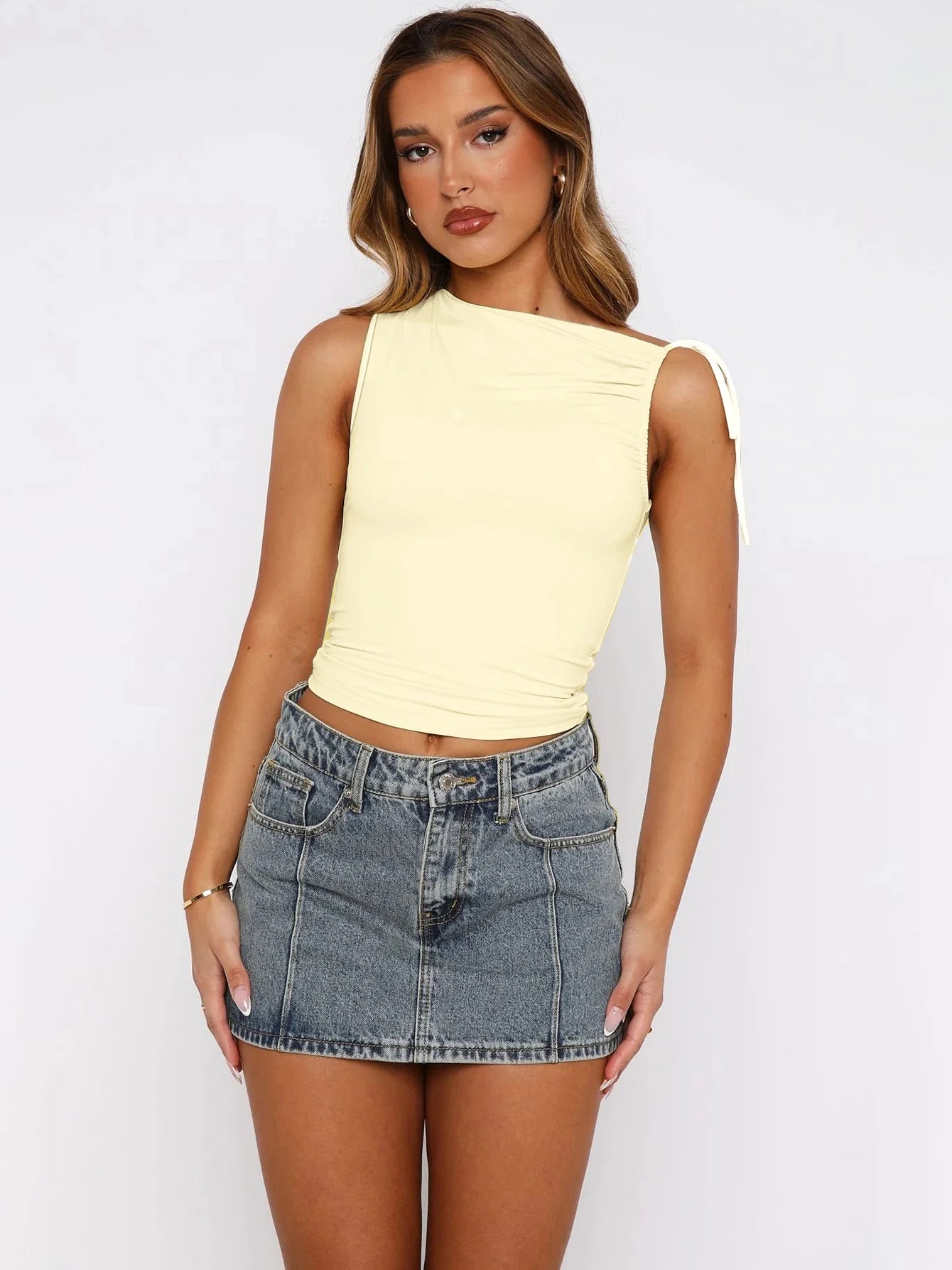 Dulzura Sleeveless Skew Collar Ruched Lace Up Bodycon Crop Top Sexy Elegant Casual Tank Party Club Streetwear Spring Summer