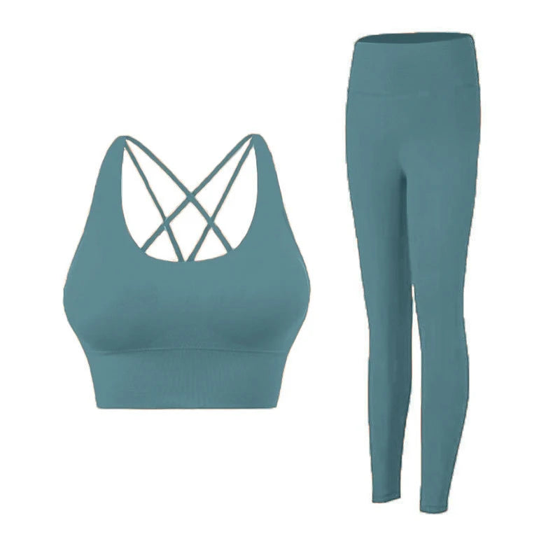 Ropa de Yoga de 2 piezas, chándal para mujer, ropa atlética, traje de Fitness para Pilates, entrenamiento de gimnasio, ropa de realce, Sujetador deportivo, traje de mallas