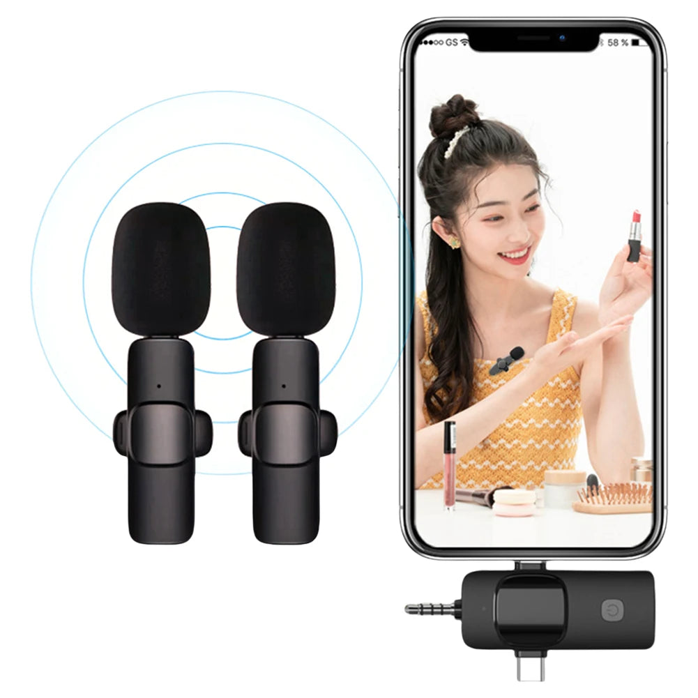 2.4G Wireless Lavalier Microphone Audio Video Recording Mini Lapel Mic Noise Reduction 3 in 1 for iPhone Huawei Xiaomi Samsung