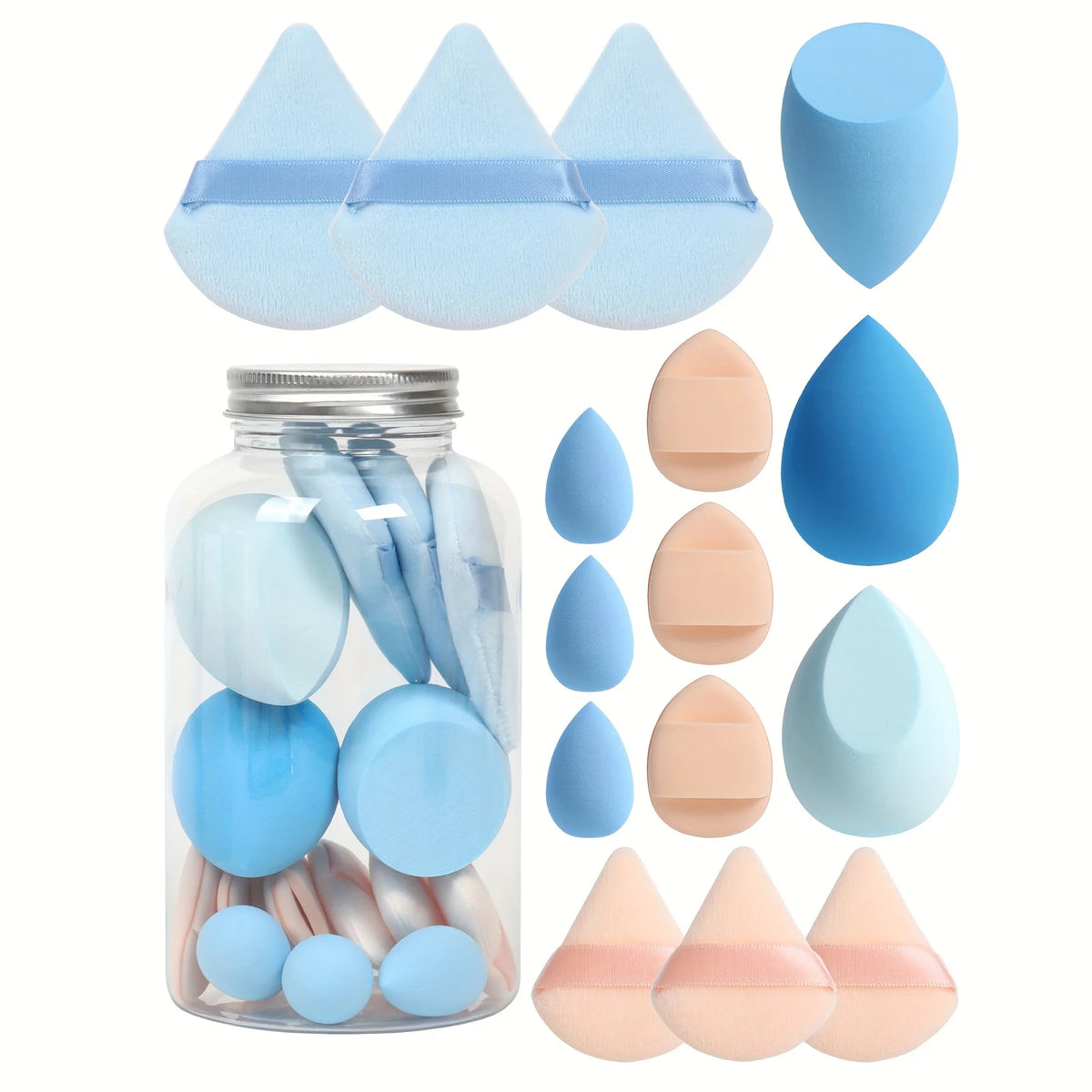 Primavera 15 latas, 3 esponjas para polvos sueltos y 3 mini esponjas para polvos sueltos y 3 mini huevos de maquillaje y 3 mini esponjas con cojín de aire, mezcla de bases
