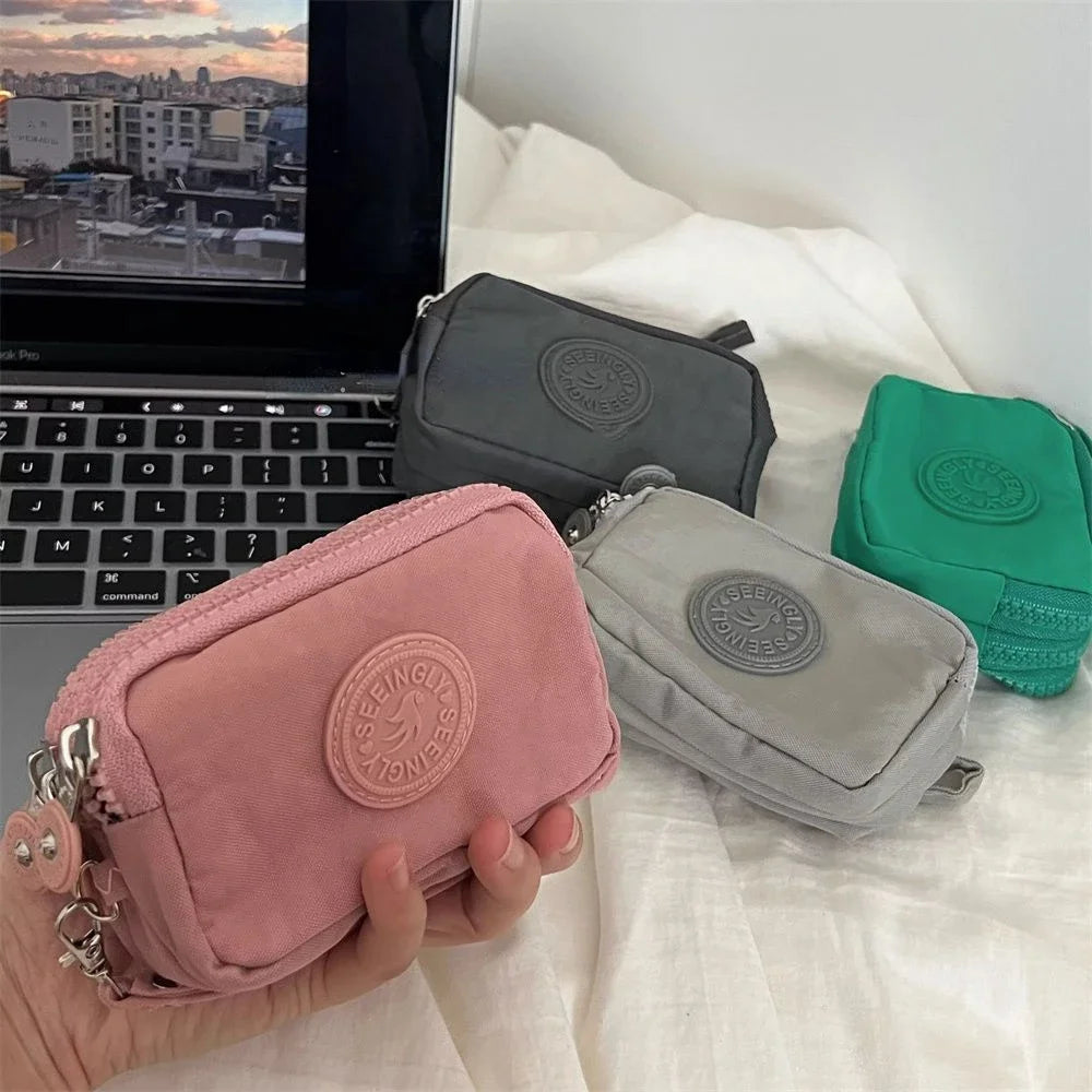 Mini monedero de nailon, bolso para llaves, billeteras para mujer con cremallera, impermeable, portátil, tarjetero de tres capas, bolso para mujer y niña, bolso para auriculares