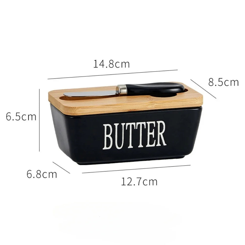 Ceramic Butter Container Box Restaurant Seal Storage Boxes Cheese Box with Knife Bamboo Lid Butters Slicer Butter Dish Tableware