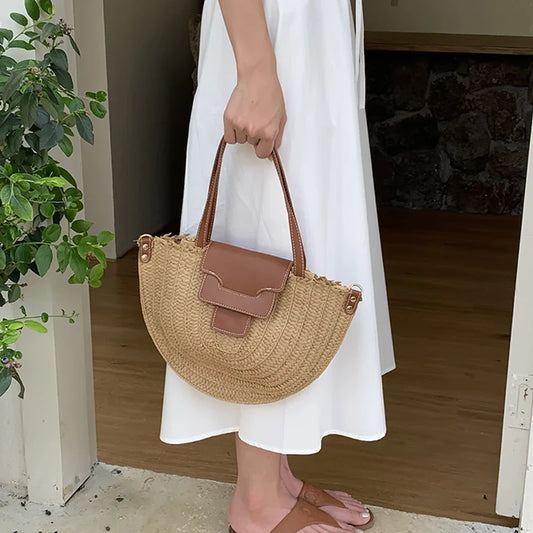 Round Straw Tote Bag Women Fashion Woven Bags Retro Hobo Boho Style Casual Shoulder Bags Summer Beach Bag Sac A Main