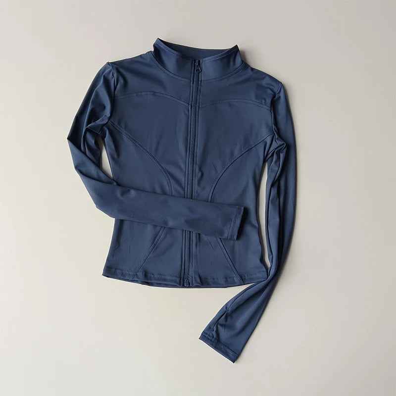 Chaqueta de manga larga para deportes al aire libre para mujer, ropa de Yoga delgada, cárdigan de secado rápido con cremallera, cuello alto, chaqueta para correr, Fitness, Top