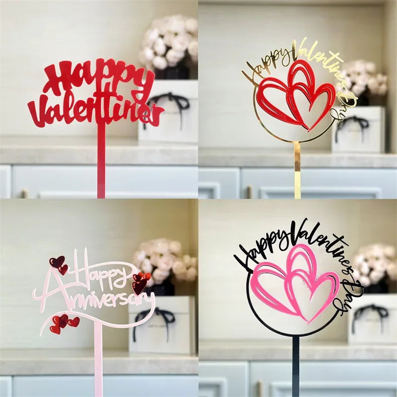 10PCS Acrylic Cake Topper Happy Valentine's Day Cupcake Topper for Wedding Party Cake Decorations Love Heart Dessert Decoration