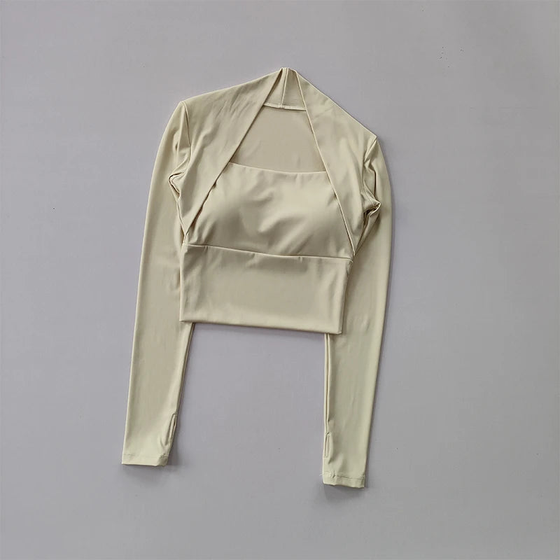 Fitness Chest Cushion Sports Top Women Long Sleeve Shirts Pra Speed Up Short Elegant Dance Yoga Clothes Small Waistband Gym