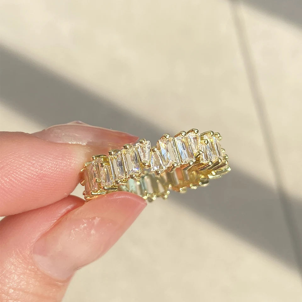 Anillos de compromiso de circonia cúbica Baguette clásicos para mujer, joyería de lujo chapada en oro de 18 quilates para fiesta y boda