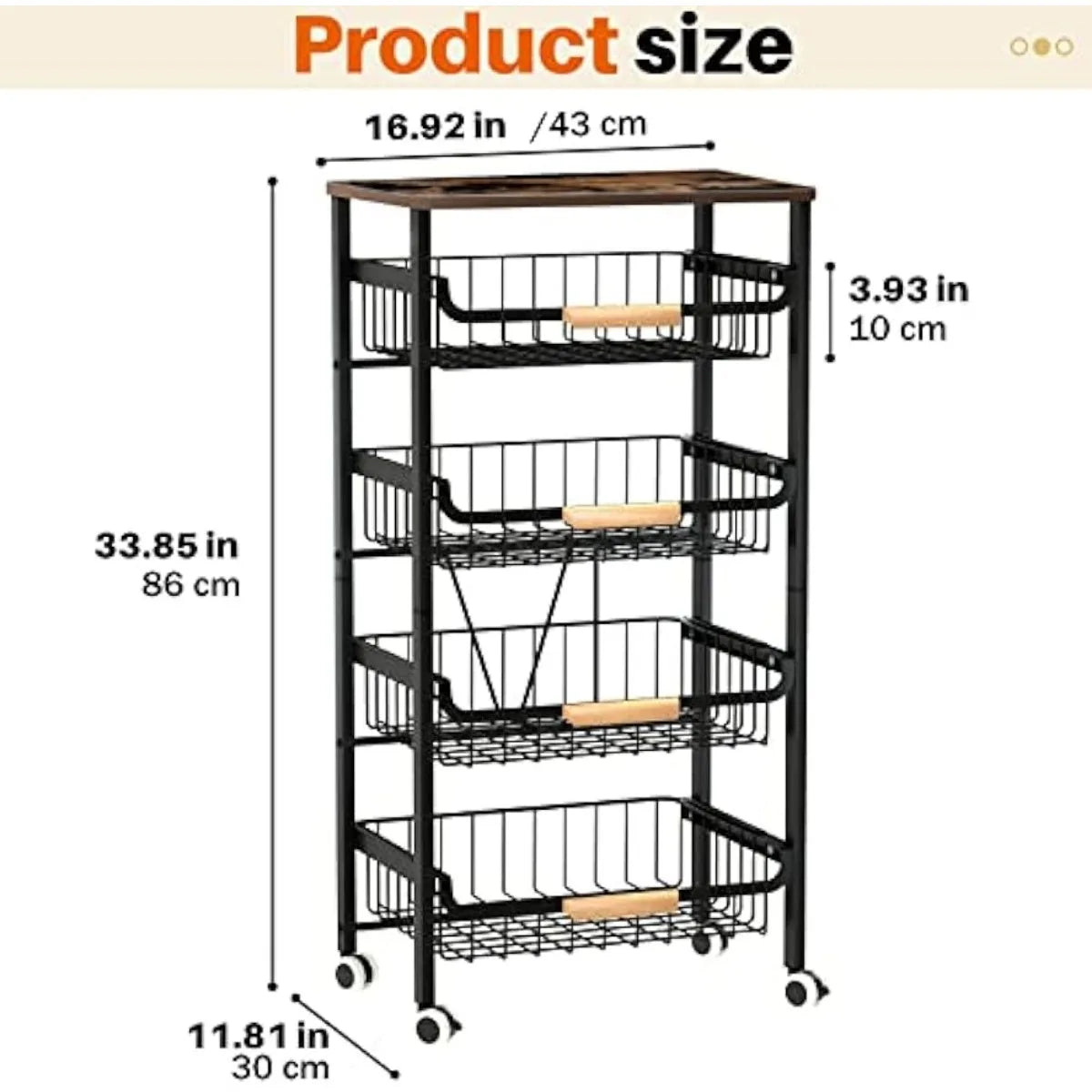 Storage Cart with Wheels, Large Capacity Kitchen Cart, Mobile Utility Cart with Wooden Tabletop