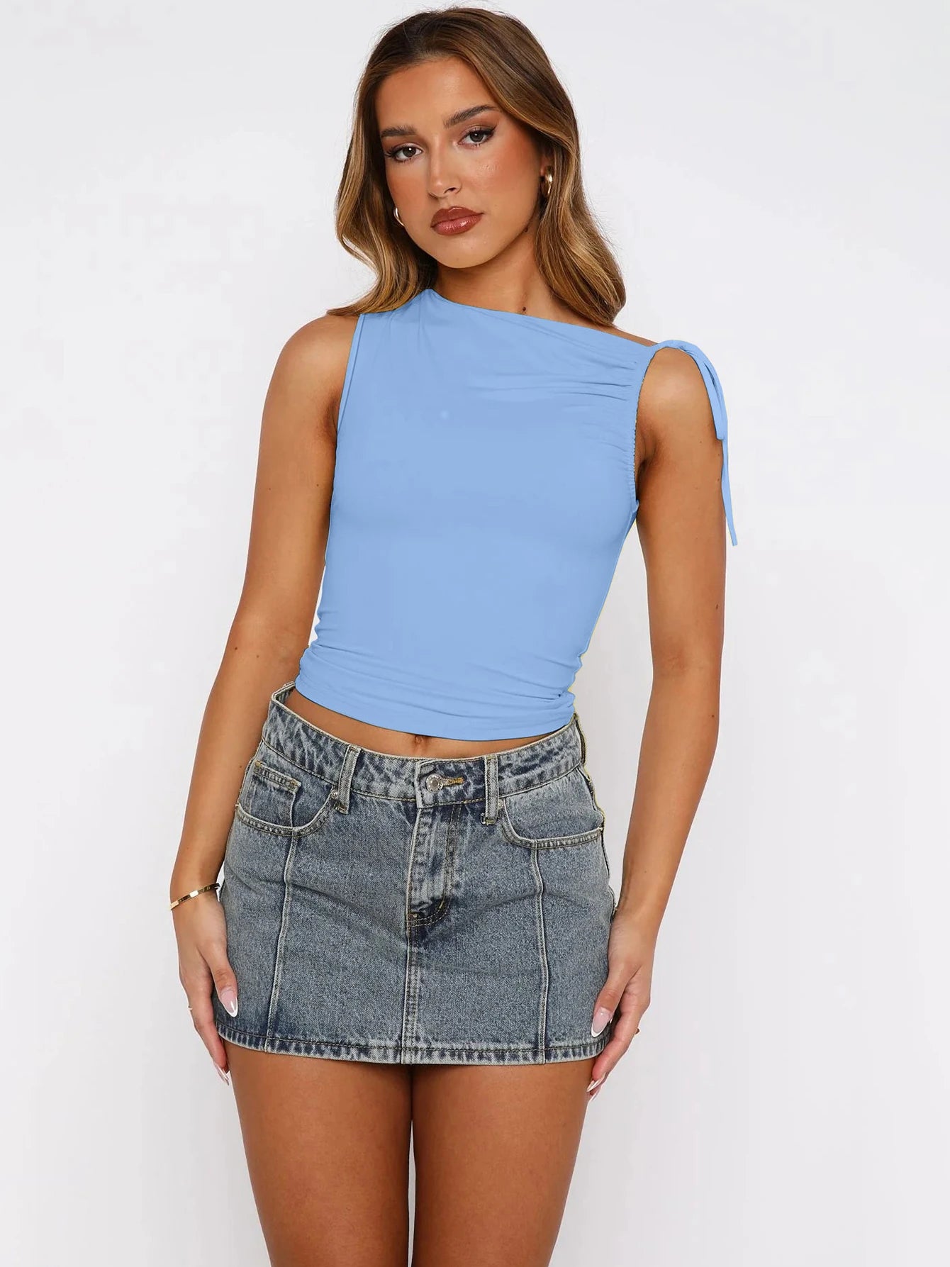 Dulzura Sleeveless Skew Collar Ruched Lace Up Bodycon Crop Top Sexy Elegant Casual Tank Party Club Streetwear Spring Summer