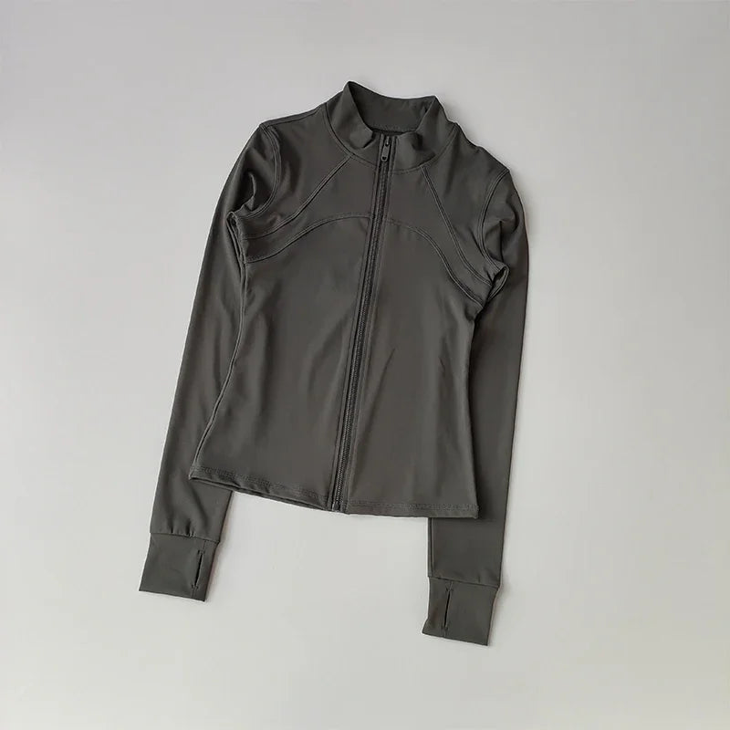 Chaqueta de manga larga para deportes al aire libre para mujer, ropa de Yoga delgada, cárdigan de secado rápido con cremallera, cuello alto, chaqueta para correr, Fitness, Top