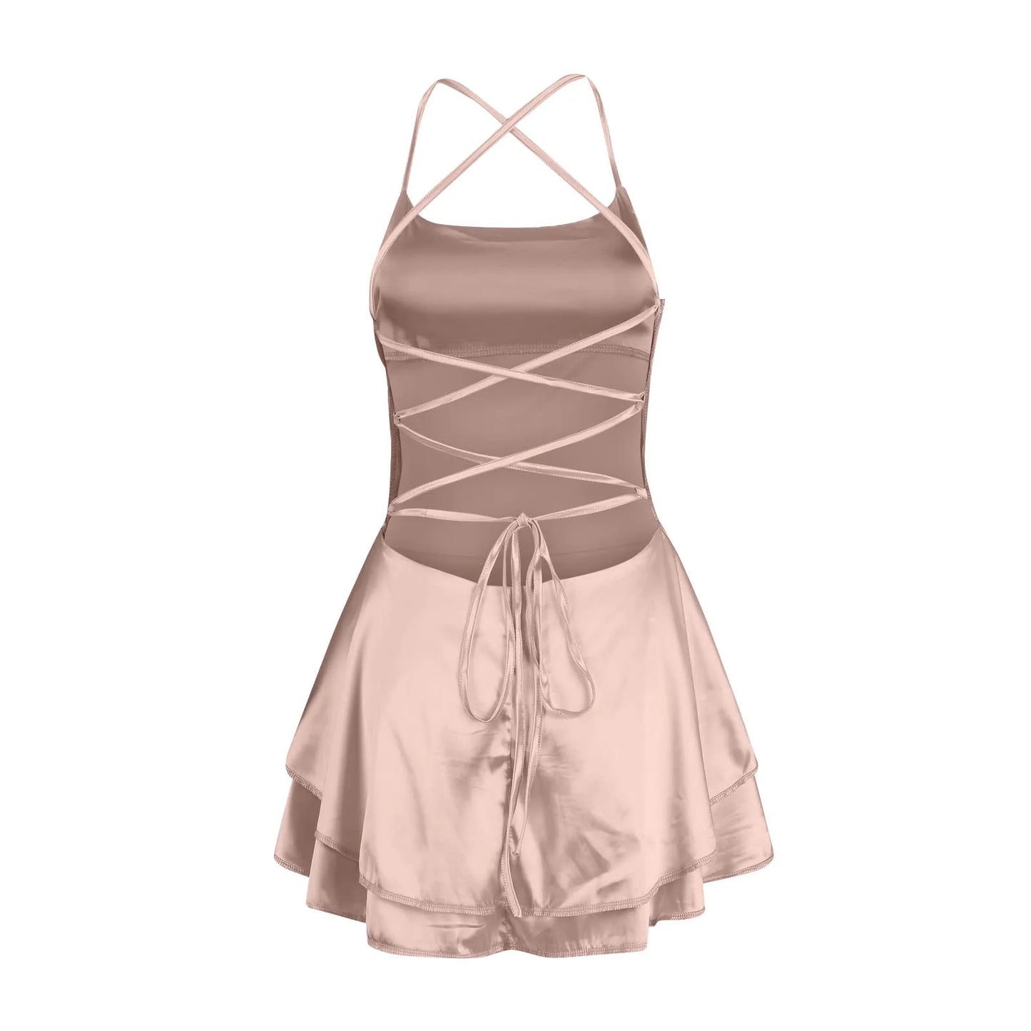 Ladies' Silk And Satin Elegant Sexy Slim Beautiful Backless Short Dress Cowl Neck Cross Spaghetti Strap Party Pleated Mini Skirt