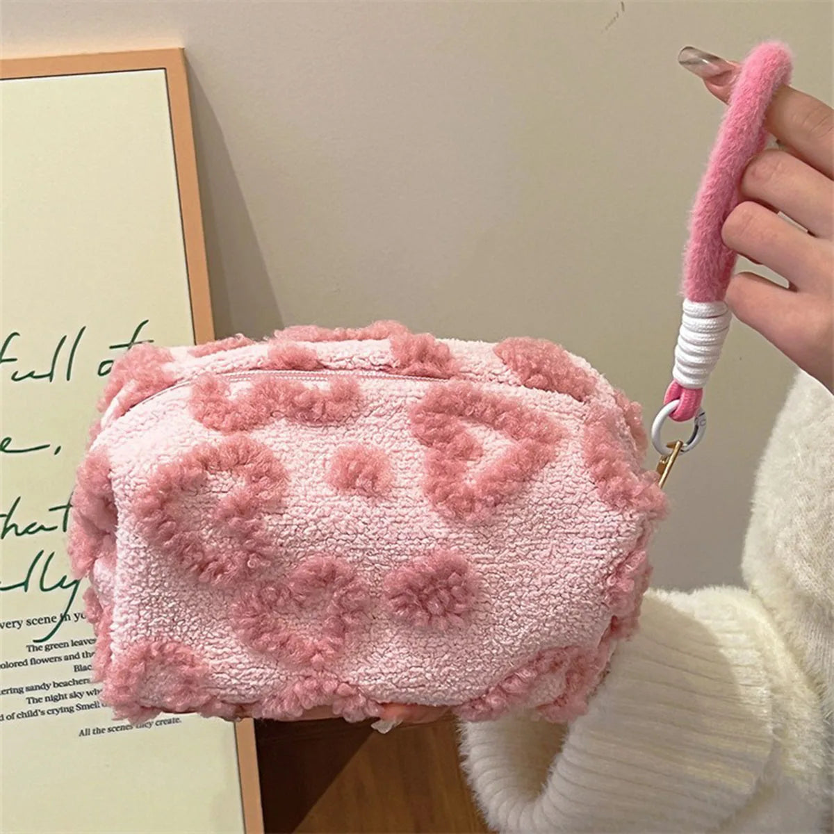 Bolsas de maquillaje de felpa con asa, bolsa de almacenamiento de cosméticos de viaje suave, organizador portátil con estampado romántico, estuche para lápices, bonita bolsa de mano