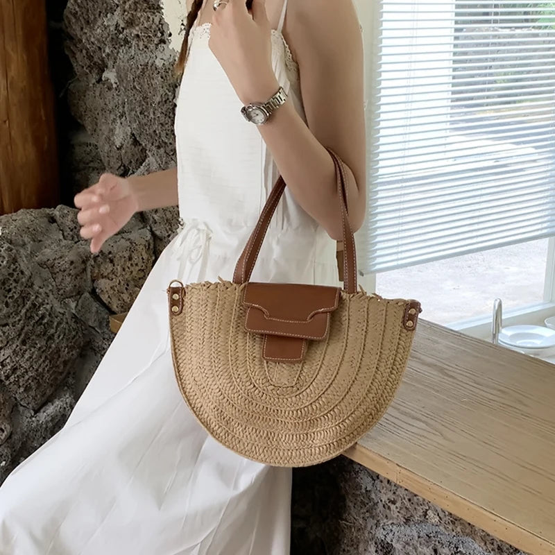 Round Straw Tote Bag Women Fashion Woven Bags Retro Hobo Boho Style Casual Shoulder Bags Summer Beach Bag Sac A Main