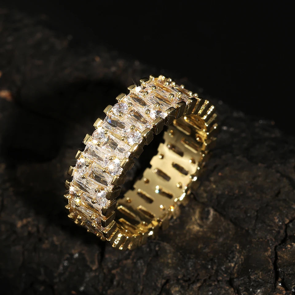 Anillos de compromiso de circonia cúbica Baguette clásicos para mujer, joyería de lujo chapada en oro de 18 quilates para fiesta y boda