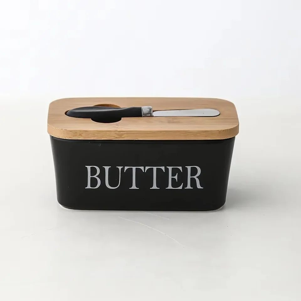 Ceramic Butter Container Box Restaurant Seal Storage Boxes Cheese Box with Knife Bamboo Lid Butters Slicer Butter Dish Tableware